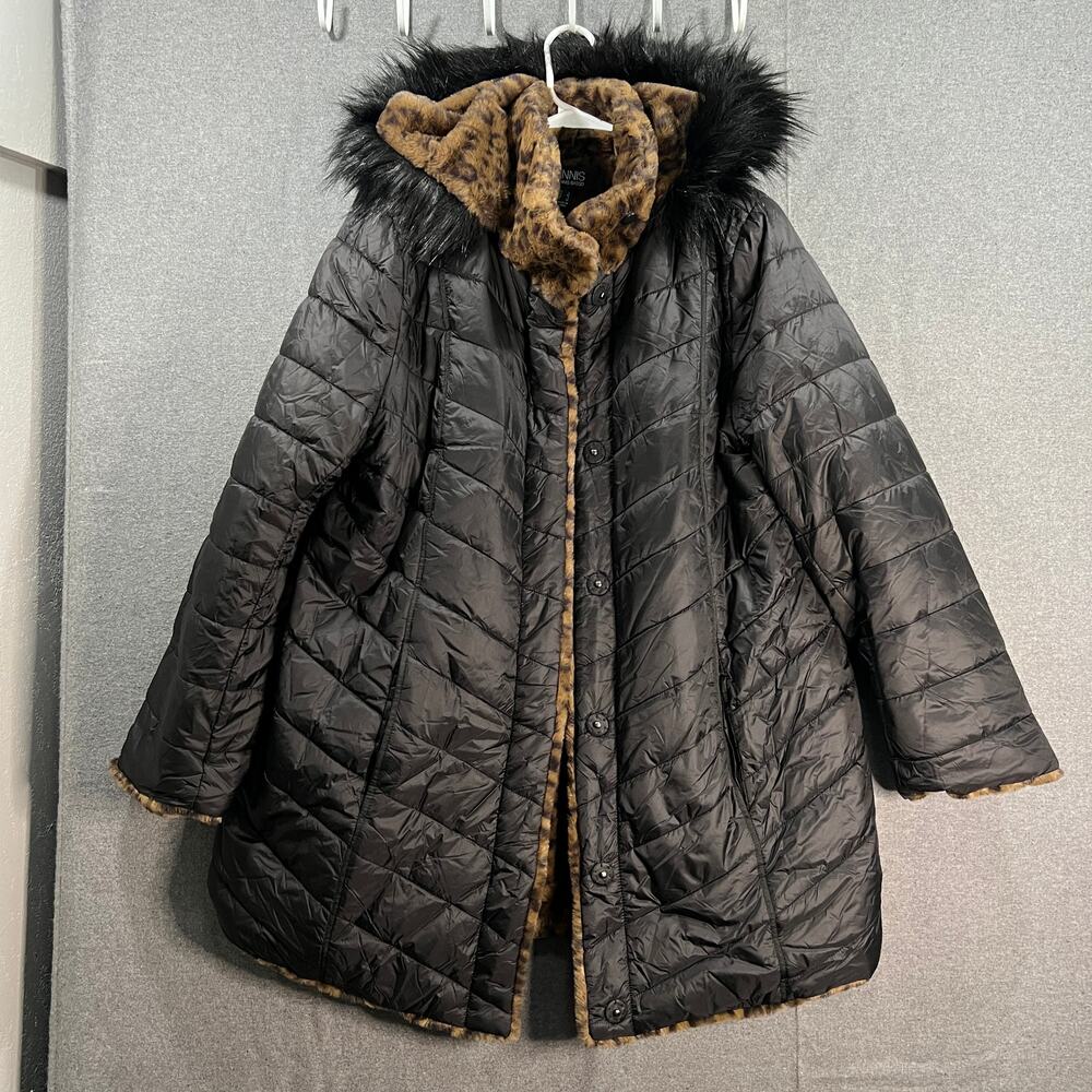 Dennis Basso Reversible Faux Fur to Water Resistant Coat Size L Cheetah Black